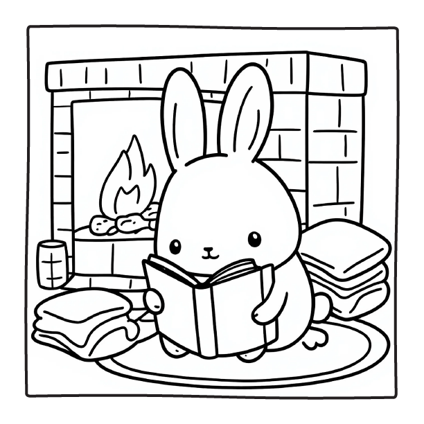 Cozy Bunny Reading | comfy days coloring pages 