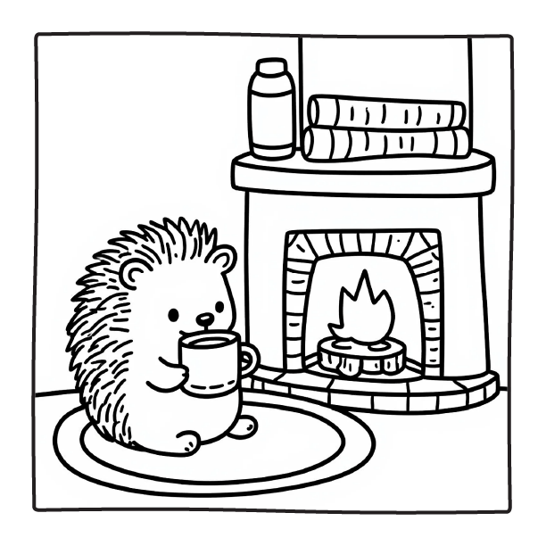Cozy Hedgehog by Fireplace | comfy days coloring pages 