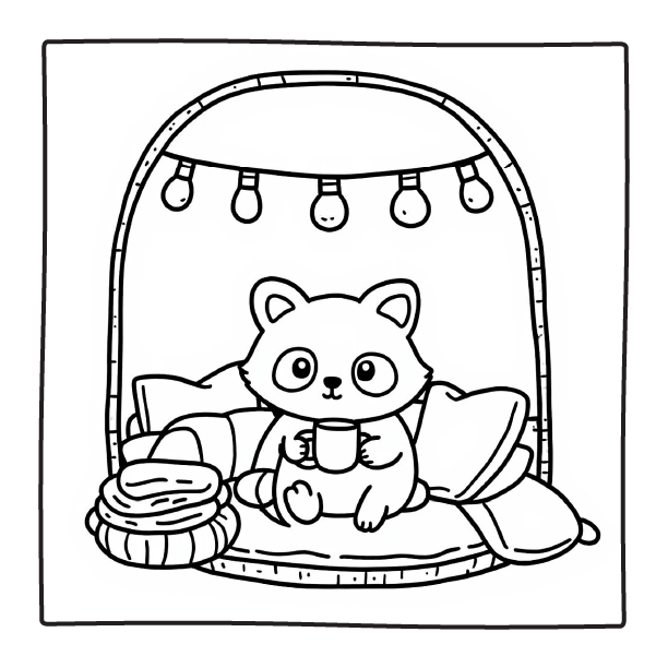 Cozy Raccoon with Coffee | comfy days coloring pages 