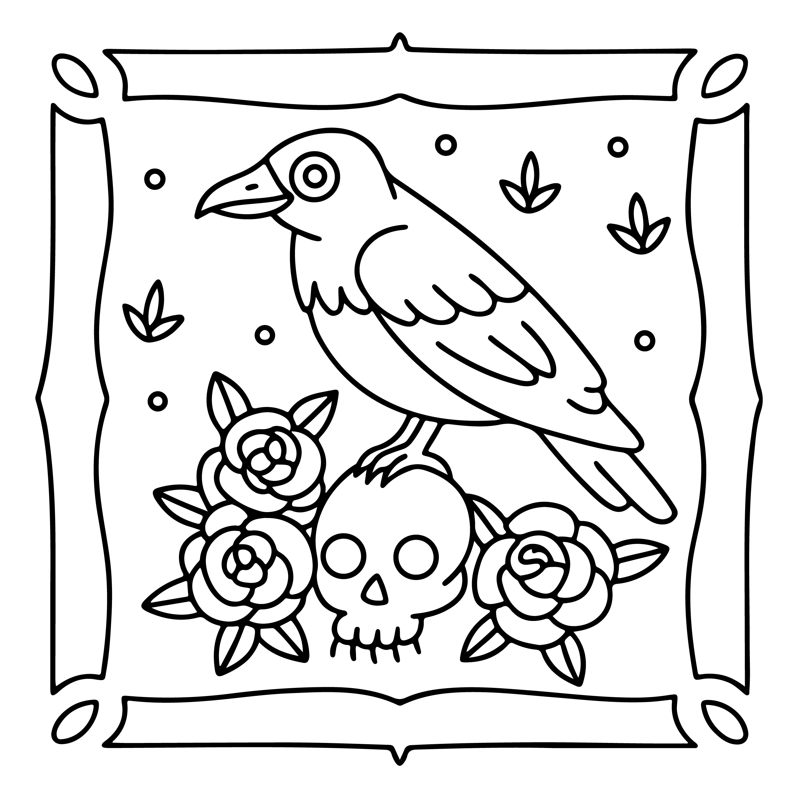 Crow on Skull with Roses Halloween Coloring Pages