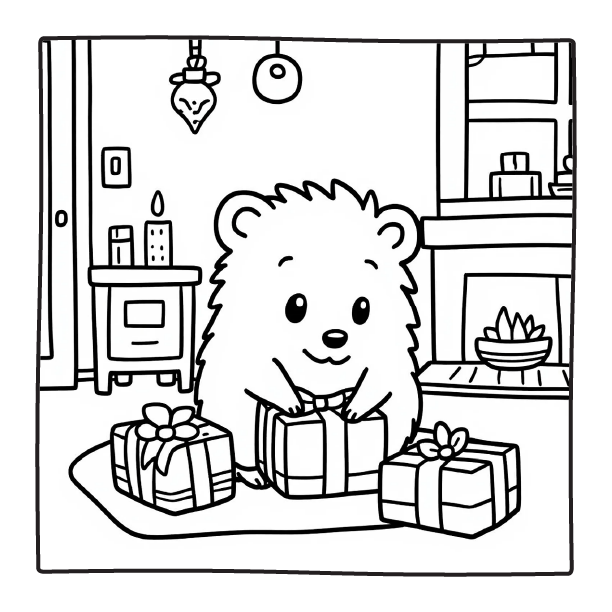 Hedgehog with Gifts | comfy days coloring pages 