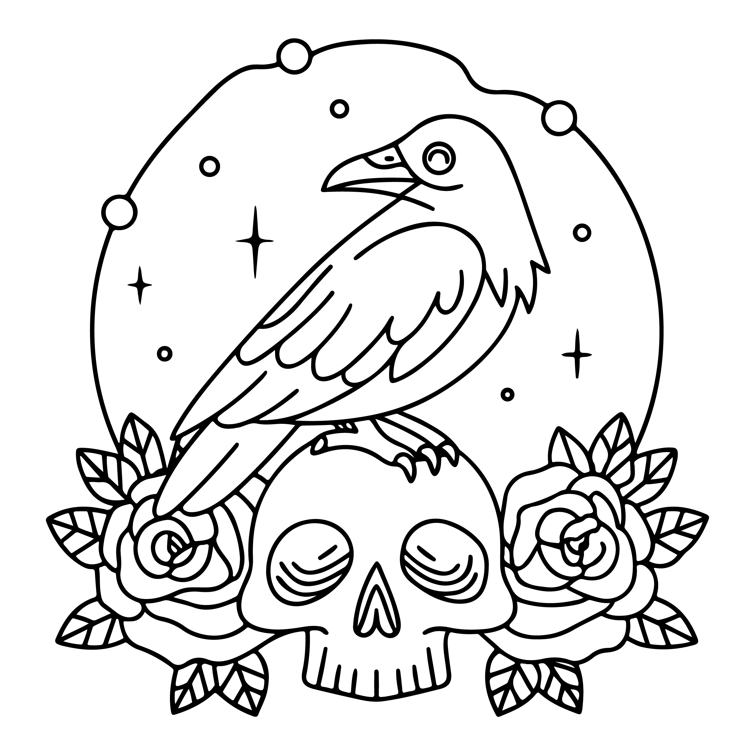 Raven on Skull with Roses Halloween Coloring Pages