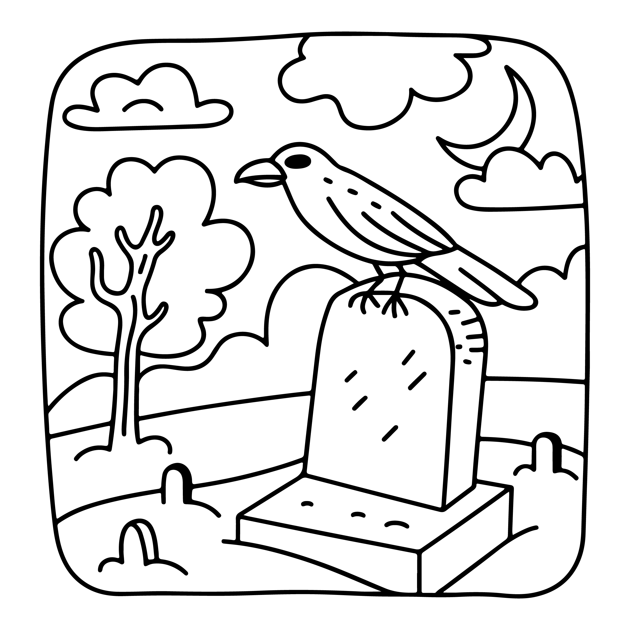 Raven on Tombstone Halloween Coloring Pages
