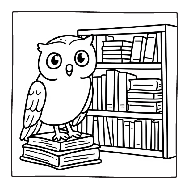 Wise Owl in Library | comfy days coloring pages 