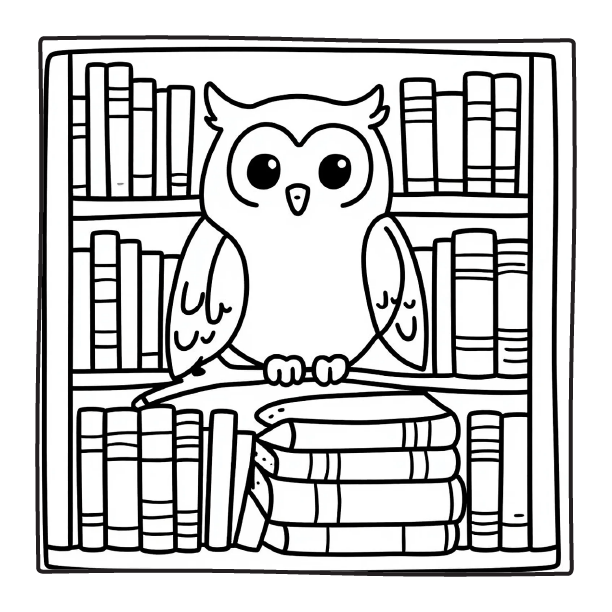Wise Owl in Library | comfy days coloring pages 