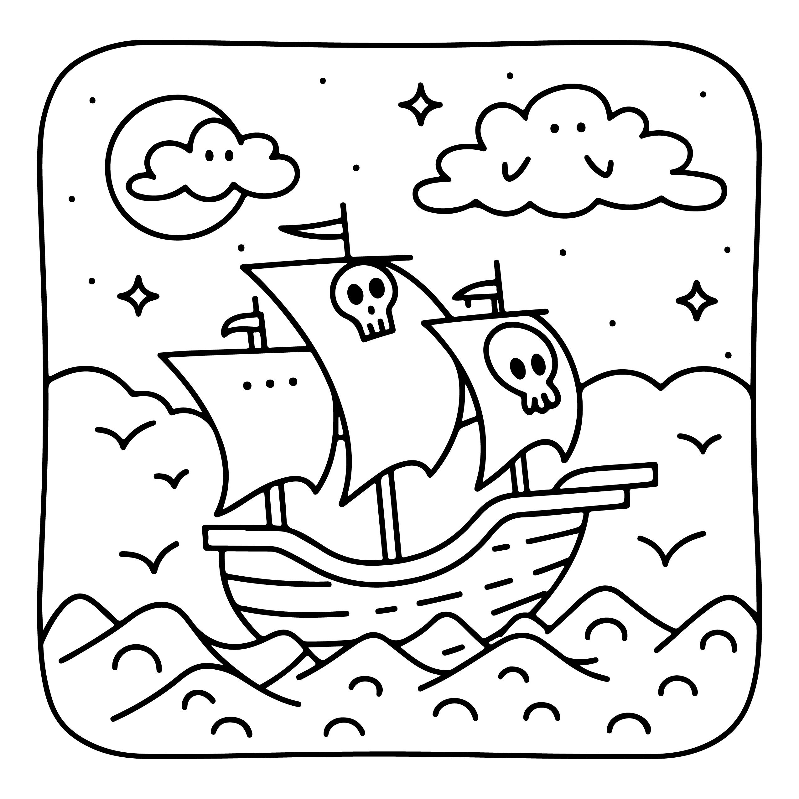 Pirate Ship at Night Halloween Coloring Pages