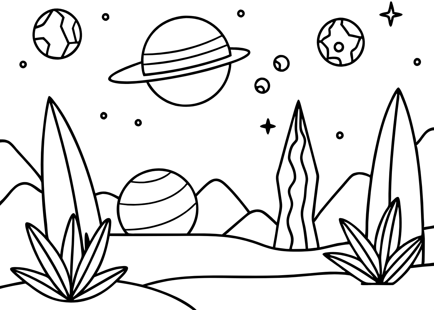 A background of a strange, alien landscape with unusual plants, rocks, and perhaps a distant planet 