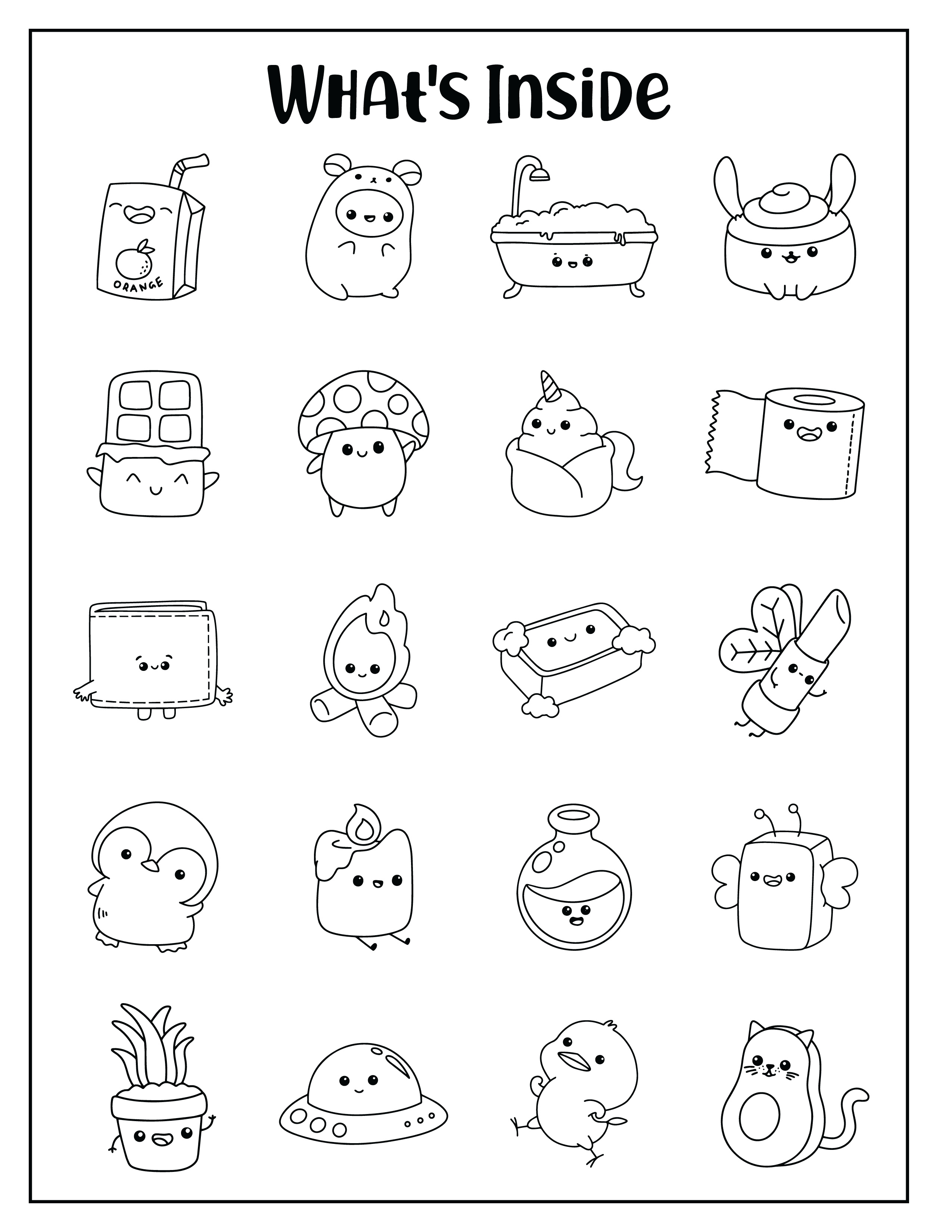 A collection of 20 cute black and white kawaii doodle drawings for kids to practice including a juice box, penguin, and avocado cat. A collection of 20 cute black and white kawaii doodle drawings for kids to practice including a juice box, penguin, and avocado cat.