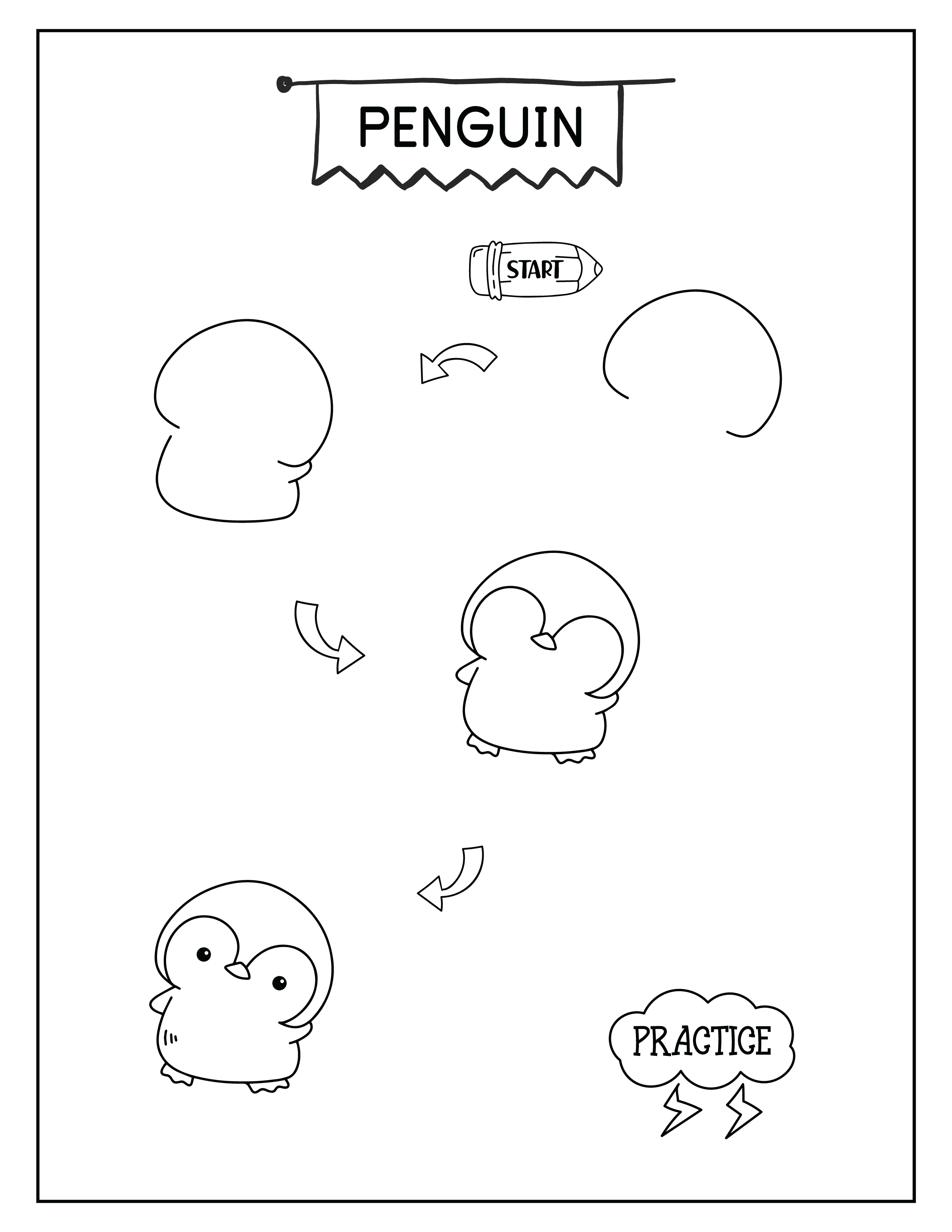 Step-by-step drawing tutorial showing 4 stages of drawing a cute cartoon penguin for kids.
