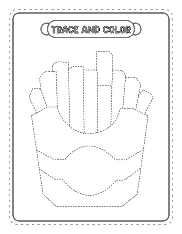 A large trace and color worksheet of a box of french fries for children