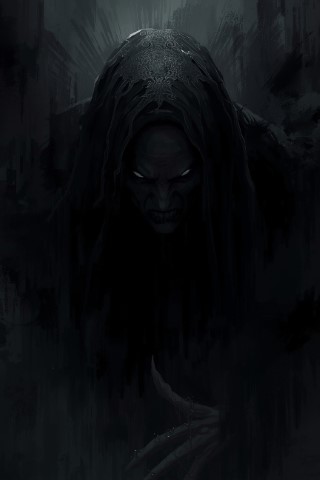 Hooded Dark Horror Figure Wallpaper - Glowing Eyes Black Art